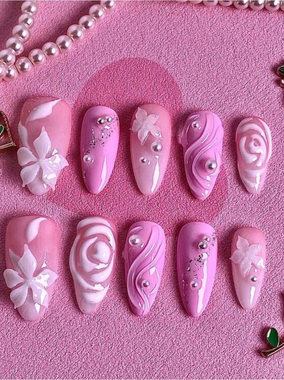 Pink 3D Floral Handmade Press-On Nails small